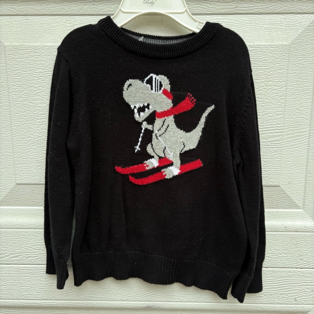 The Children's Place Black Sweater with Gray & Red Skiing Dinosaur Graphic